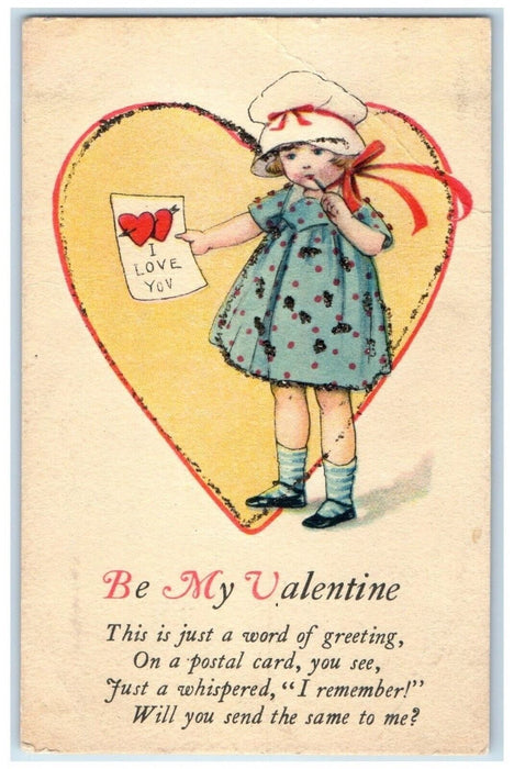 c1910's Valentine Greetings Heart Little Girl Glitter Jamesville MN Postcard