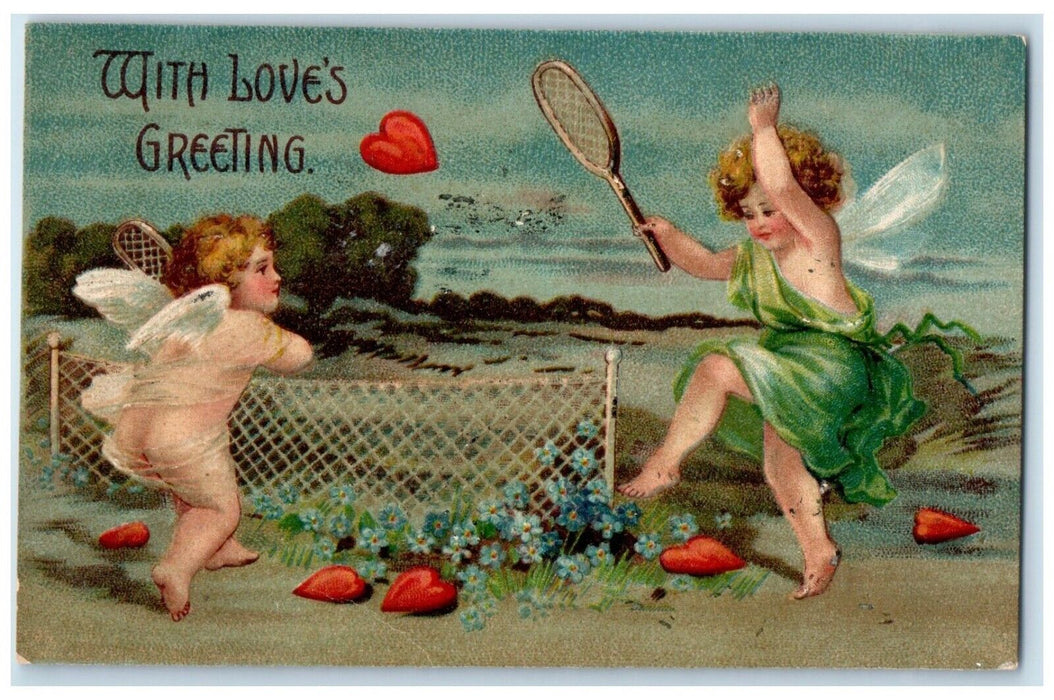 1910 Valentine Greetings Cupid Angel Playing Badminton Hearts Flowers Postcard