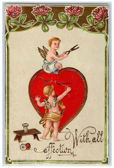 1907 Valentine Heart Cupid Angel Flowers Clover Embossed St. Paul MN Postcard