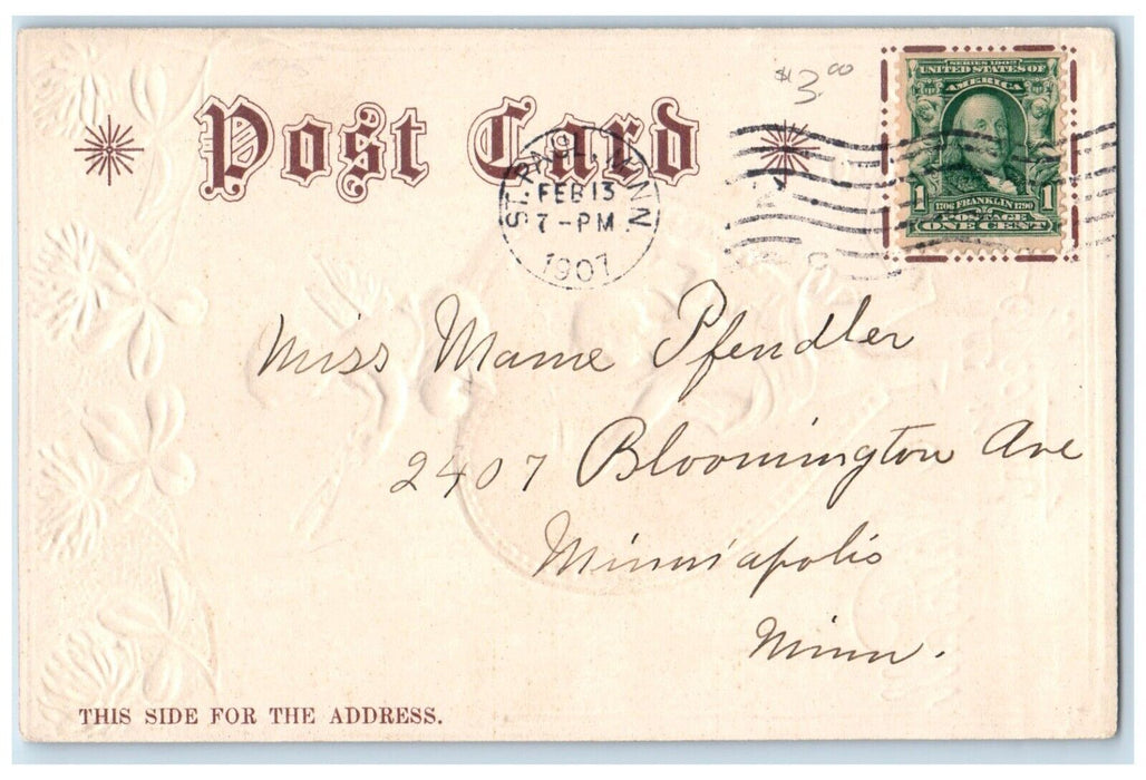 1907 Valentine Heart Cupid Angel Flowers Clover Embossed St. Paul MN Postcard