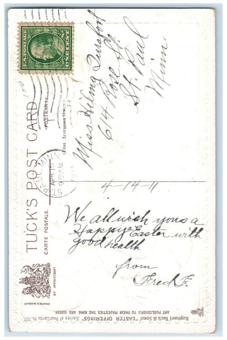 1911 Easter Happiness Chick Hatched Eggs Clover House Tucks St. Paul MN Postcard