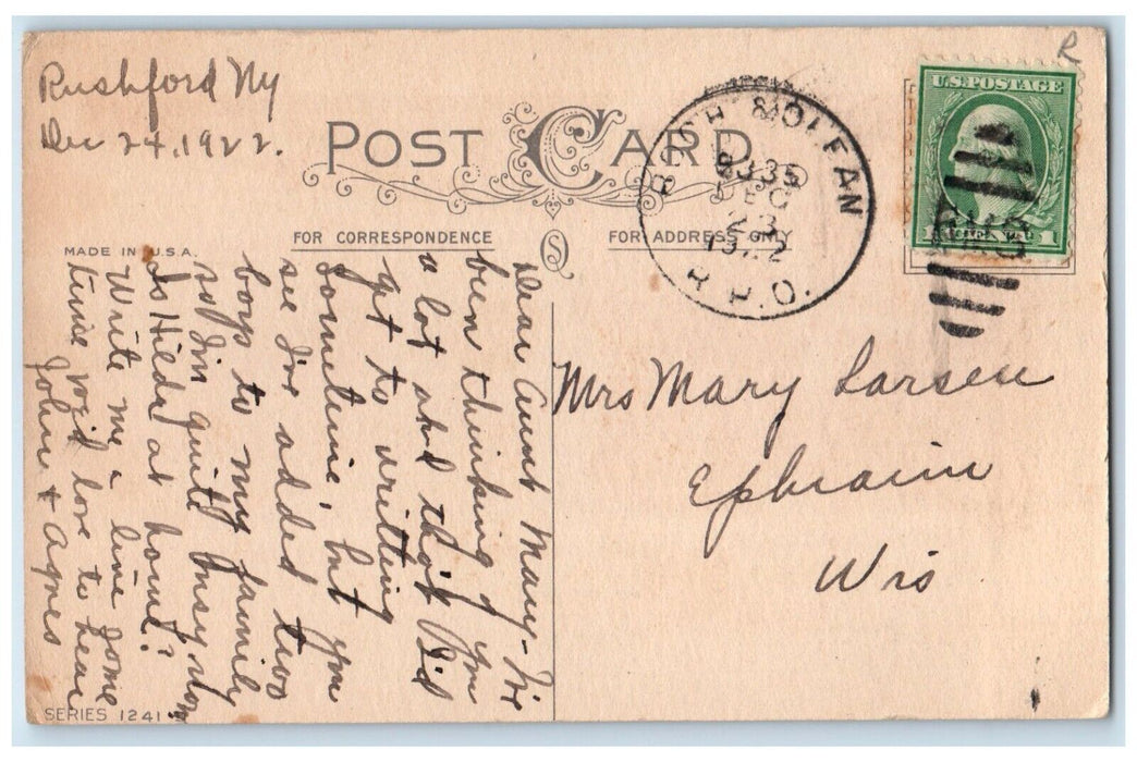 1922 Christmas Santa Claus With Sack Of Toys Winter Rushford NY RPO Postcard