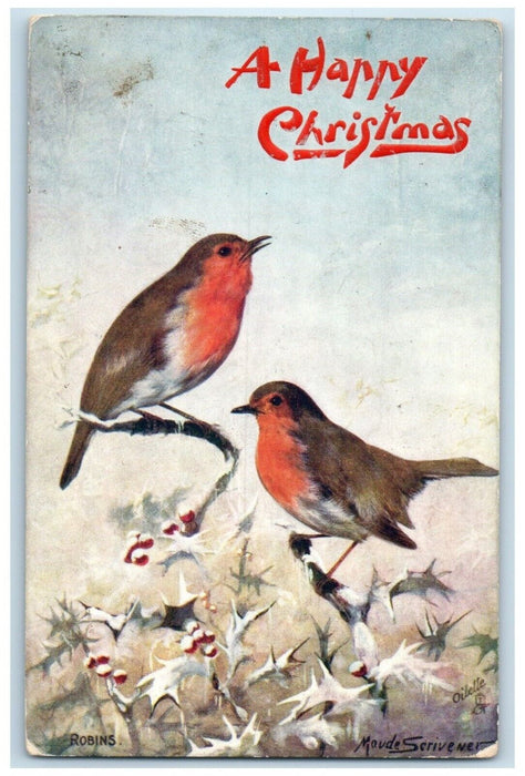 1909 Christmas Song Birds Holly Berries Toledo Ohio OH Oilette Tuck's Postcard