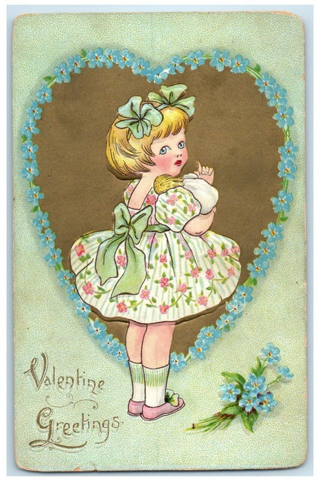 c1910's Valentine Greetings Cute Girl Heart Flowers Embossed Tuck's Postcard