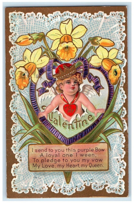 1911 Valentine Heart Cupid Angel Flowers Embossed Minneapolis MN Posted Postcard