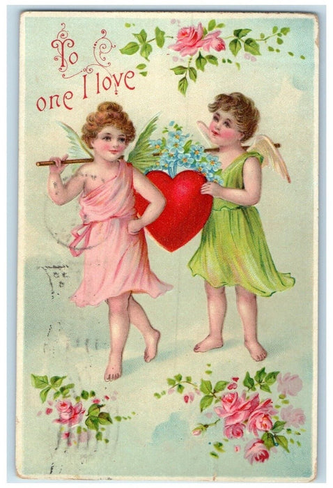 1909 Valentine Cupid Angel Flowers Heart Embossed Appleton Wisconsin WI Postcard