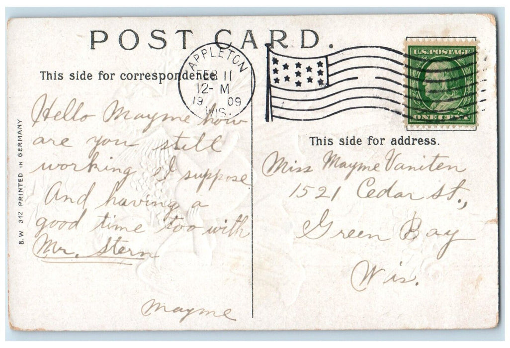 1909 Valentine Cupid Angel Flowers Heart Embossed Appleton Wisconsin WI Postcard