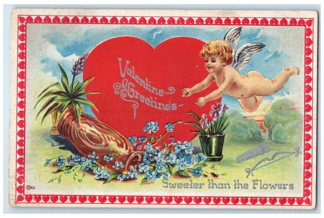 1912 Valentine Greetings Big Heart Cupid Angel Flowers Embossed Antique Postcard