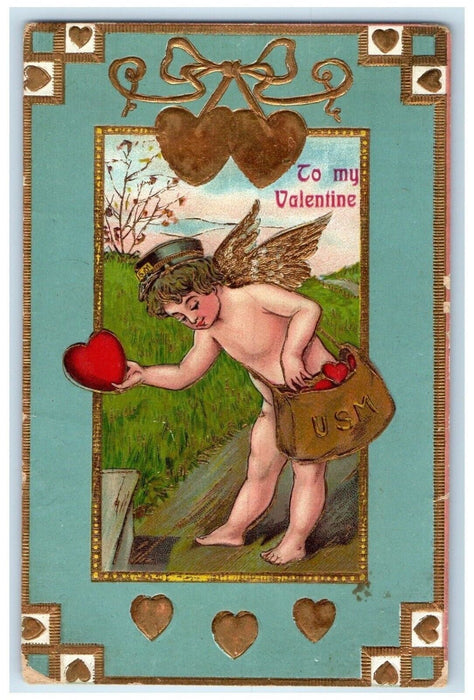Valentine Cupid Angel Mailman Hearts Embossed Seaforth Minnesota MN Postcard