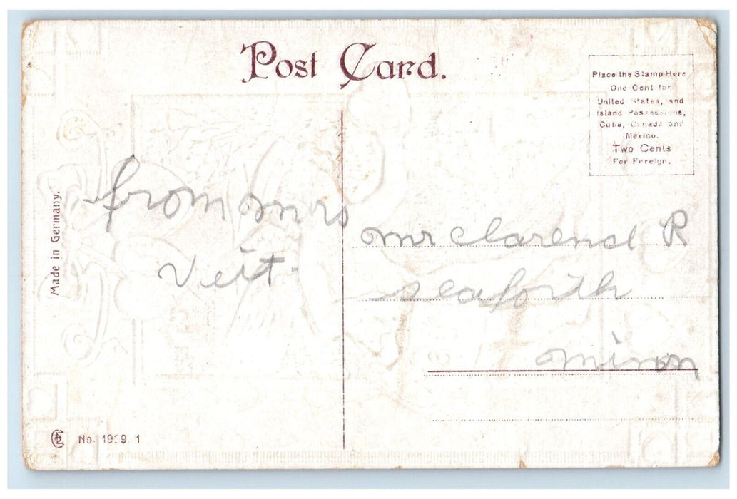Valentine Cupid Angel Mailman Hearts Embossed Seaforth Minnesota MN Postcard