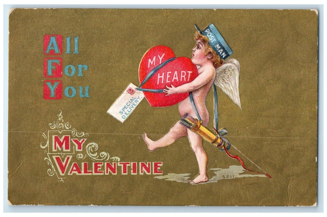 c1910's Valentine Cupid Angel Post Man Embossed Winona Minnesota MN Postcard
