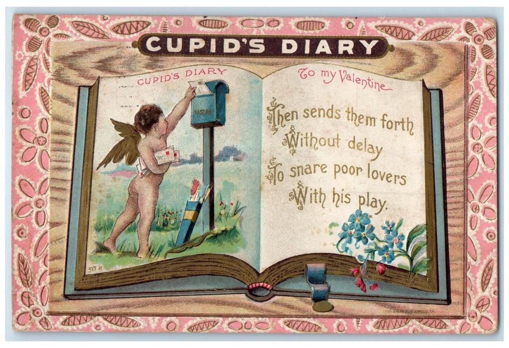 1911 Valentine Cupid Angel Bare Butt Diary Flowers Embossed St. Paul MN Postcard