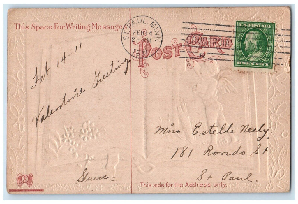 1911 Valentine Cupid Angel Bare Butt Diary Flowers Embossed St. Paul MN Postcard