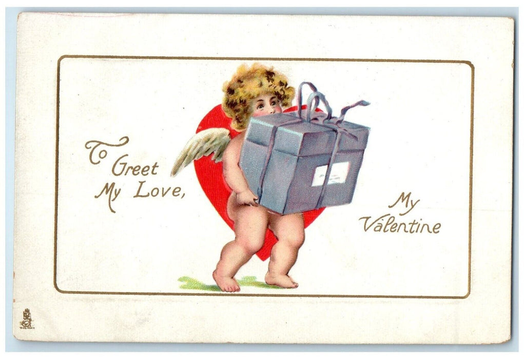 1913 Valentine Heart Cupid Angel Holding Gift Cedar Rapids Iowa Tuck's Postcard