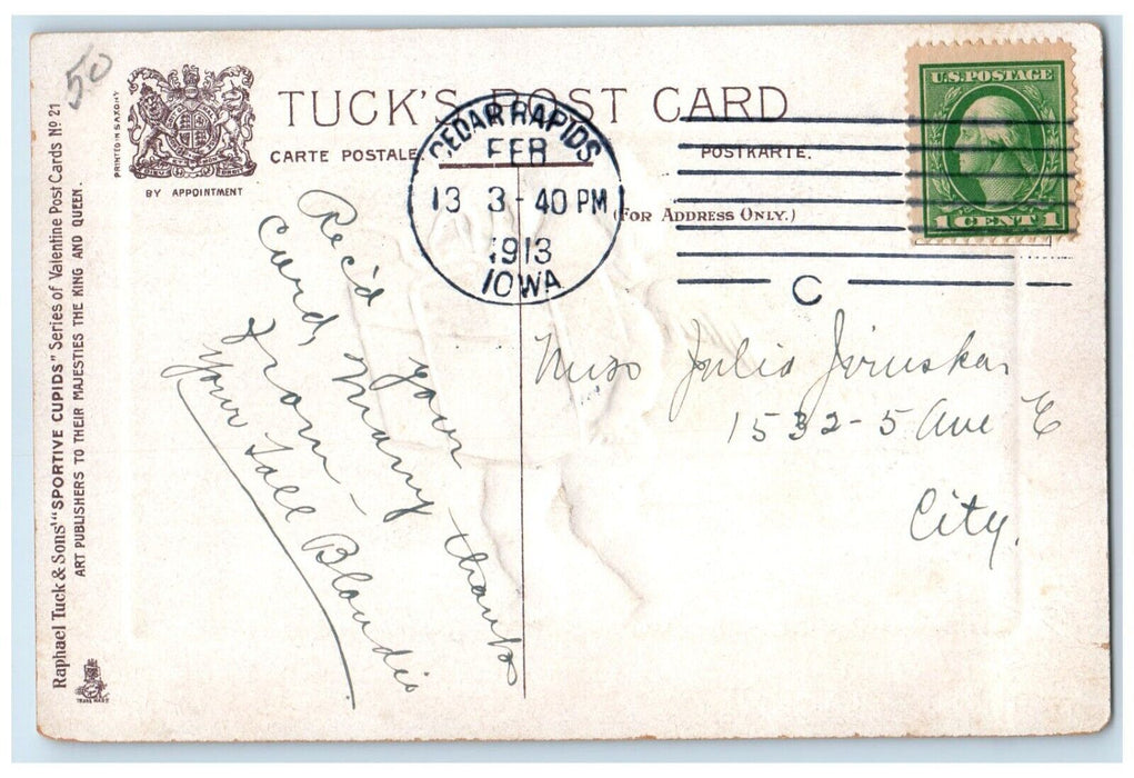 1913 Valentine Heart Cupid Angel Holding Gift Cedar Rapids Iowa Tuck's Postcard