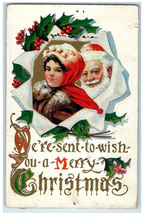 1912 Christmas Santa Claus Holly Berries Embossed Easley South Carolina Postcard