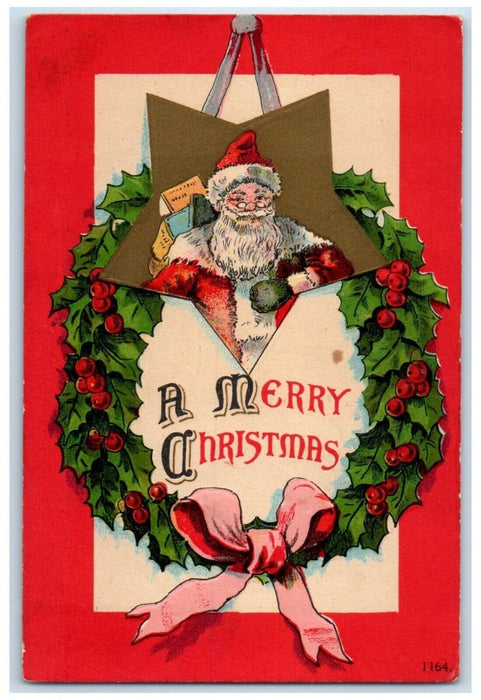 c1910's Christmas Santa Claus Holly Berries Whreat Embossed Antique Postcard