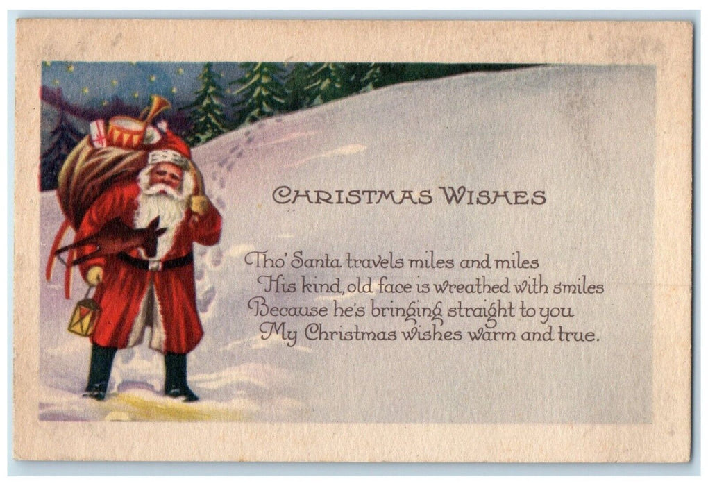 1923 Christmas Santa Claus With Sack Of Toys Winter Snow Scene Antique Postcard