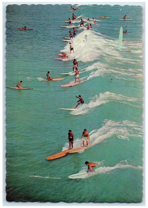 1969 Riding Surf Sport Kings Wind Waikiki Surfing Waves Honolulu Hawaii Postcard