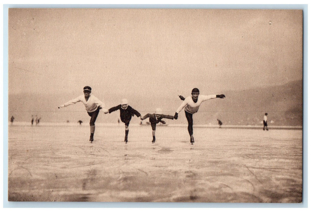 c1910 Four Men Ice Skating at Suwa Honshu Island Japan Vintage Antique Postcard