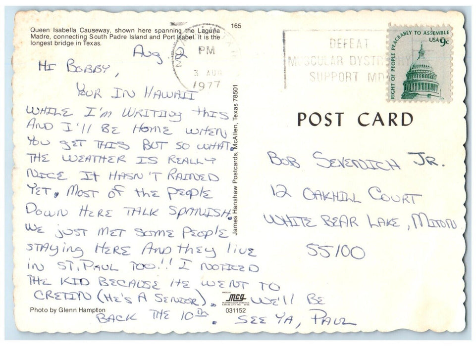 1977 Queen Isabella Causeway Spanning Laguna Madre Port Isabel Texas TX Postcard