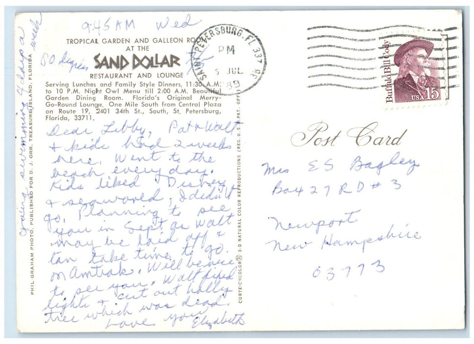 1989 Tropical Garden Room Sand Dollar Restaurant St. Petersburg Florida Postcard