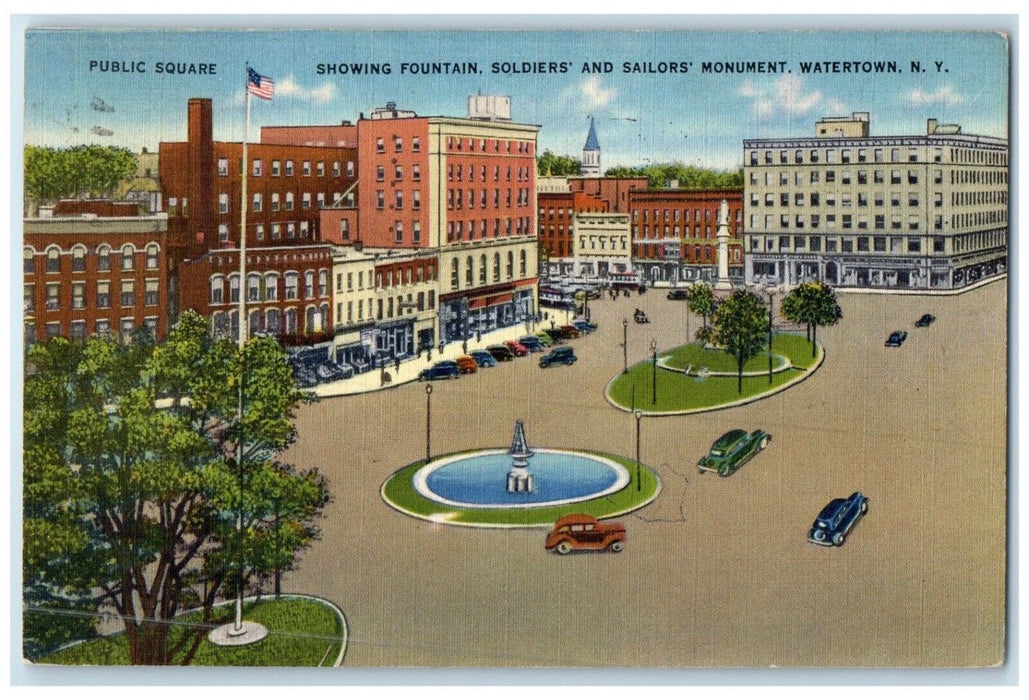 1948 Public Square Fountain Soldiers Sailor Monument Watertown New York Postcard