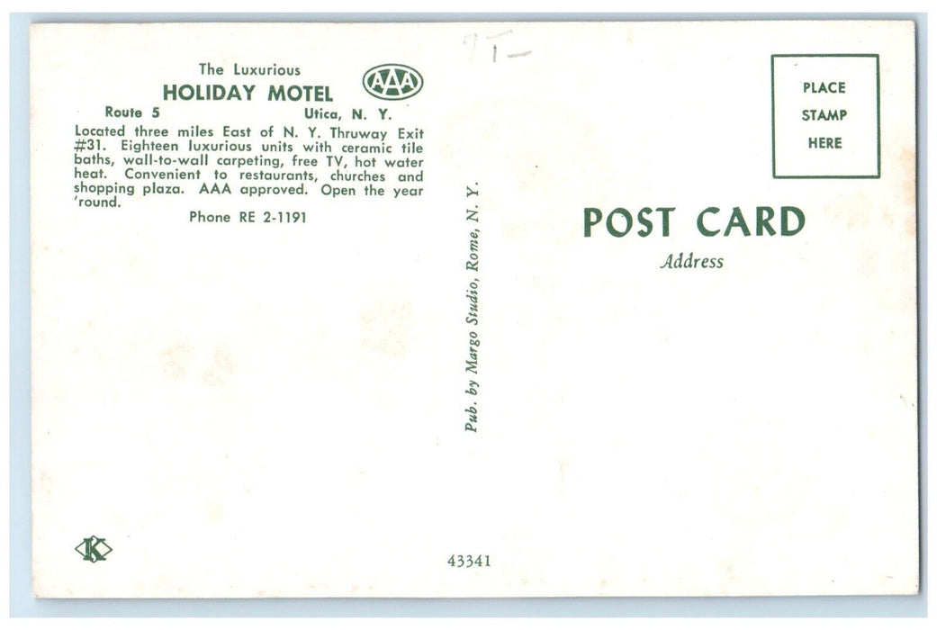 c1960 Holiday Motel East Thruway Route 5 Exterior Plaza Utica New York Postcard