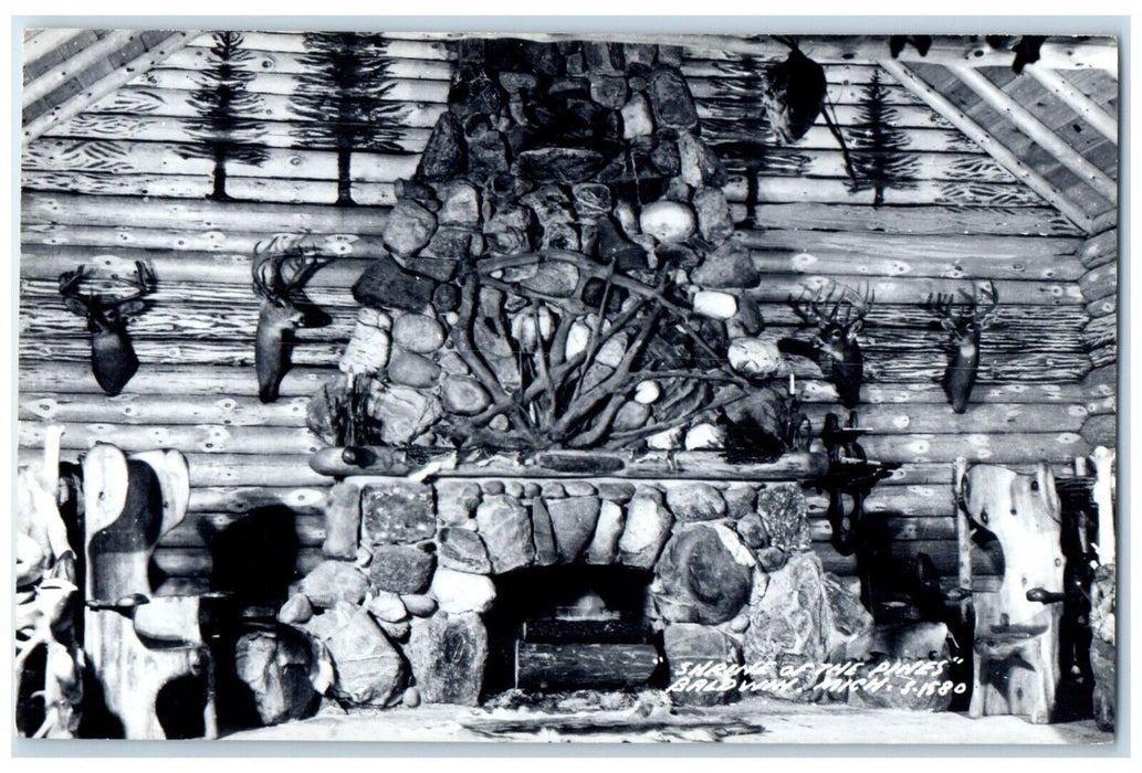c1940's Shrine Of The Pines Fireplace Baldwin Michigan MI RPPC Photo Postcard