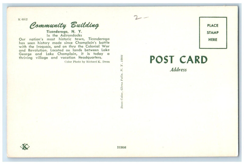 c1960 Community Building Adirondacks Champlain Ticonderoga New York NY Postcard