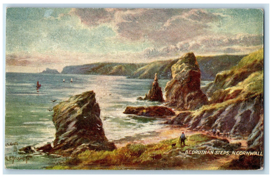 c1910 Bedruthan Steps North Cornwall England Oilette Tuck Art Postcard