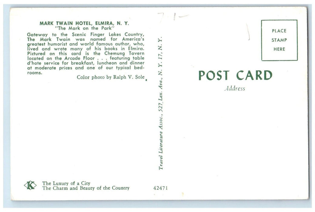 c1960 Mark Twain Hotel Mark Park Gateway Finger Lakes Elmira New York Postcard
