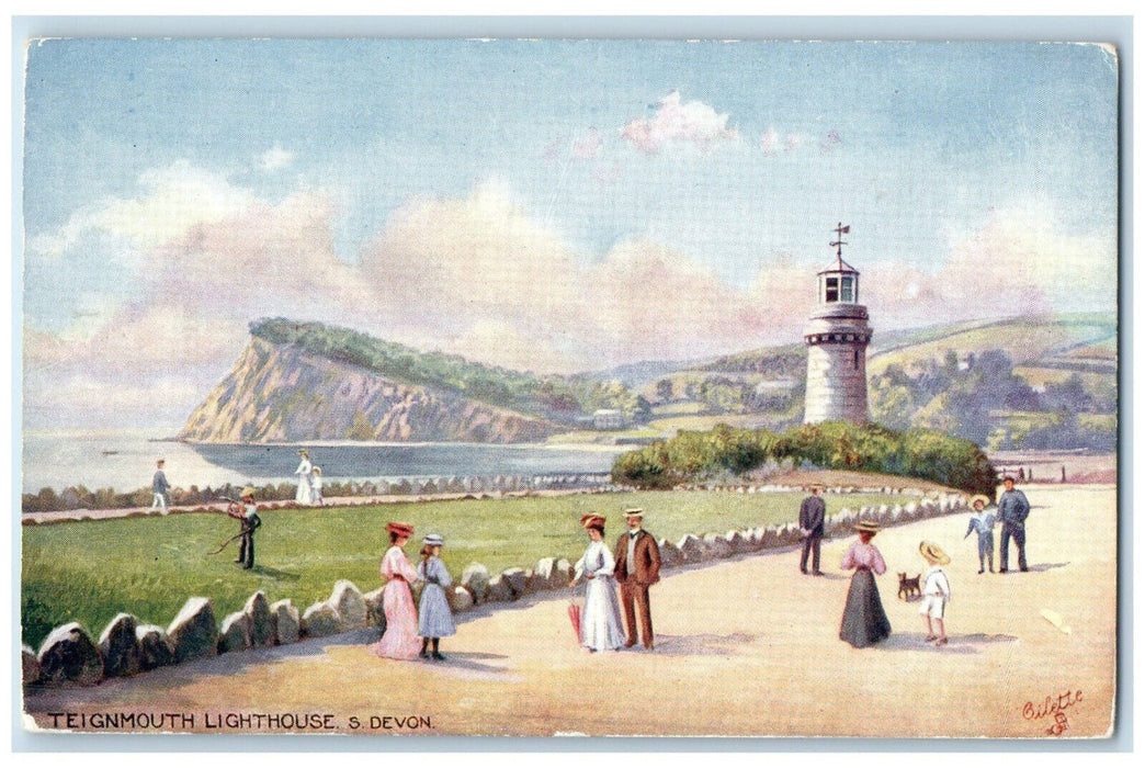 c1910 Teignmouth Lighthouse S. Devon England Oilette Tuck Art Unposted Postcard