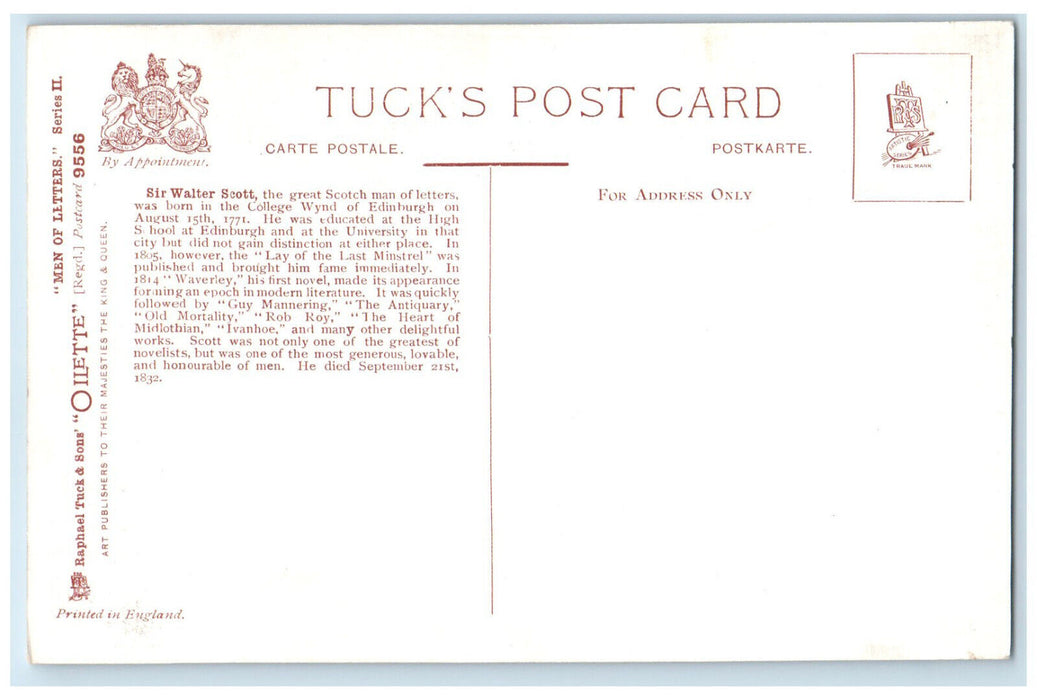 c1910 Sir Walter Scott Born in College Wynd Edinburgh Oilette Tuck Art Postcard