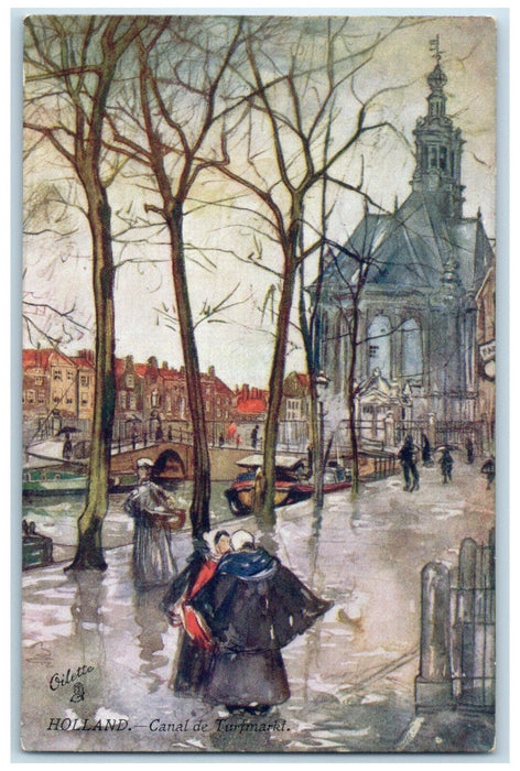 c1910 Canal De Turf Market Holland Netherlands Oilette Tuck Art Postcard
