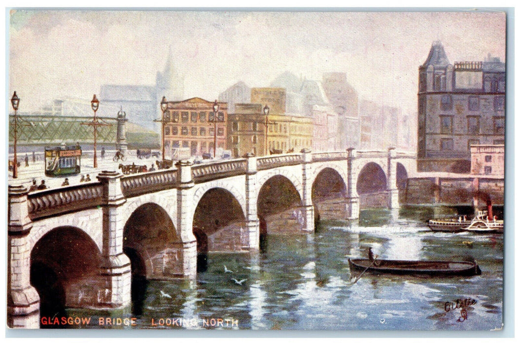 c1910 Glasgow Bridge Looking North Scotland Boat Scene Oilette Tuck Art Postcard