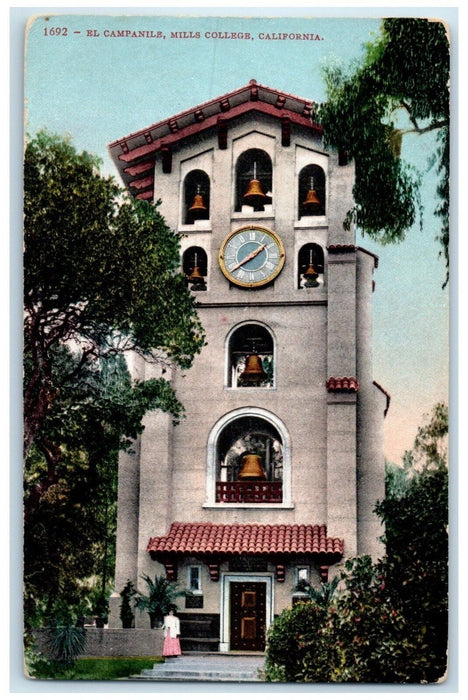 c1910's El Campanile Mills College Building Clock Tower California CA Postcard