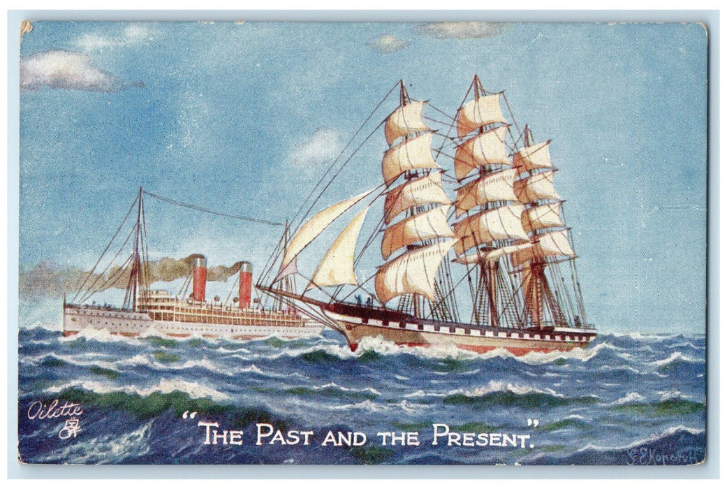 c1910 The Past and the Present Clippers Boat Ship Oilette Tuck Art Postcard