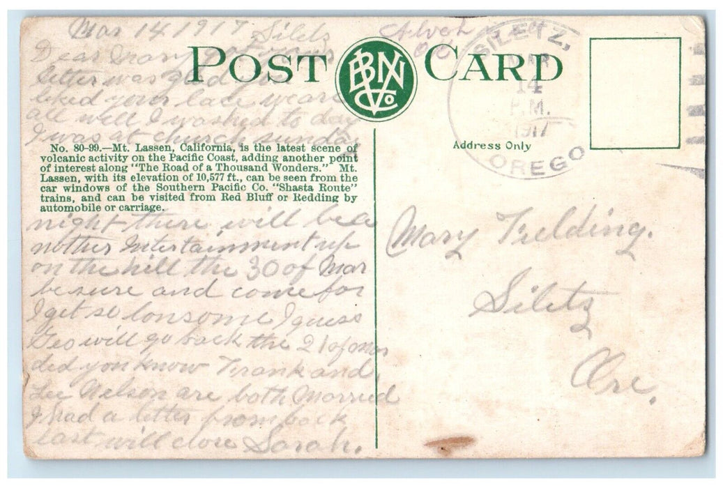 1917 In Eruption Mt. Lassen California CA, Siletz Oregon OR Antique Postcard