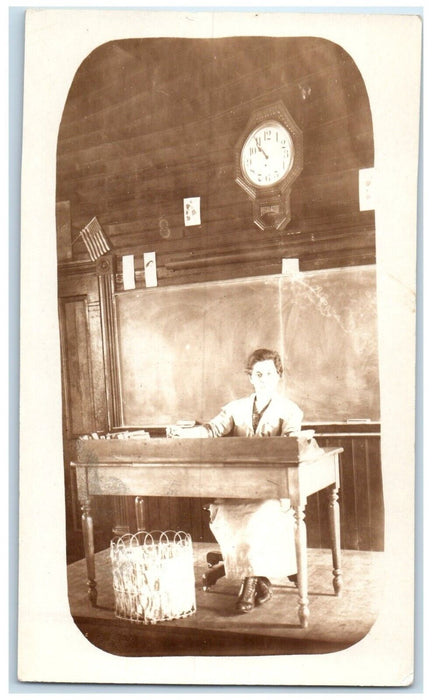 c1910's School Classroom Interior Teacher Clock RPPC Photo Antique Postcard