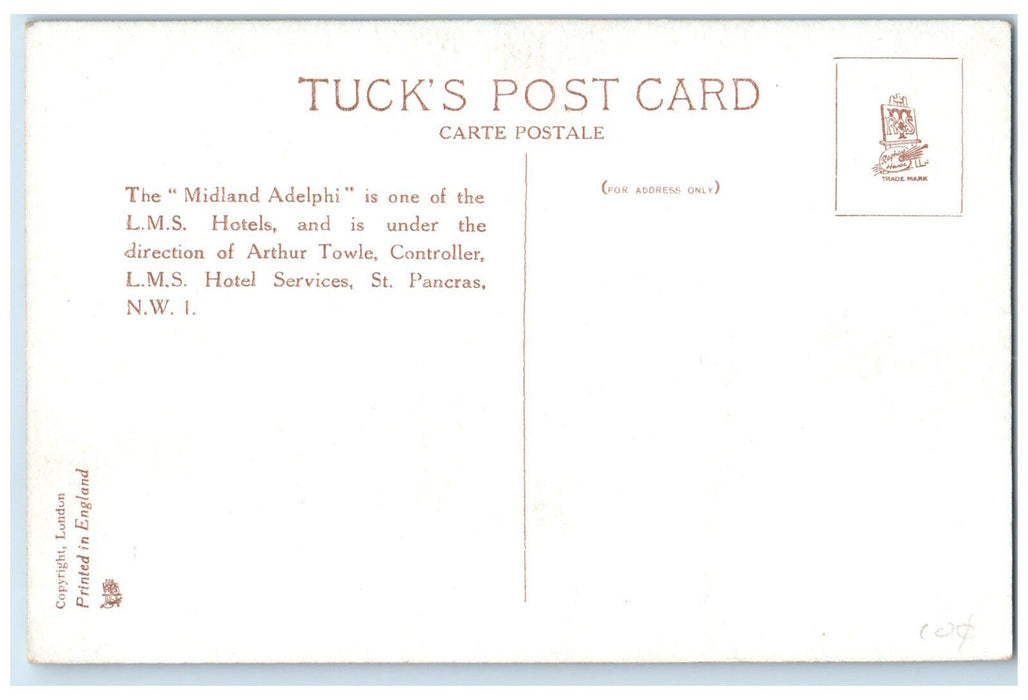 c1920's Midland Adelphi Hotel Liverpool England Oilette Tuck Art Postcard