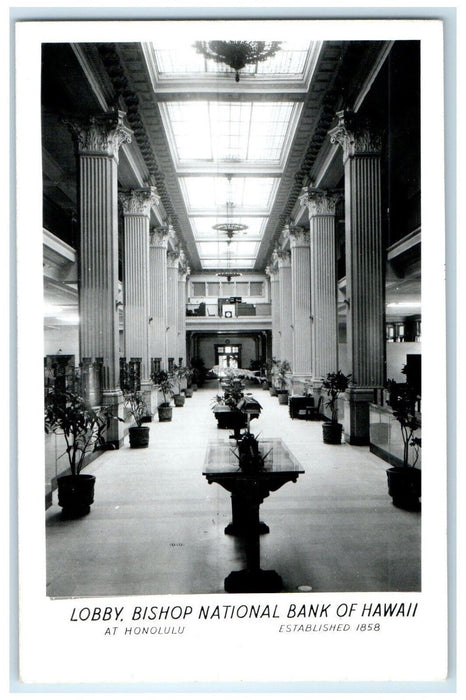 c1950's Lobby Bishop  National Bank Of Hawaii Honolulu HI RPPC Photo Postcard