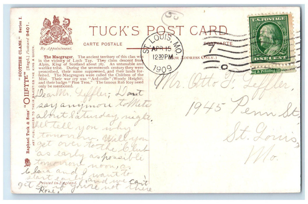 1909 The Macgregor Loch Tay Perth Kinross Scotland Oilette Tuck Art Postcard