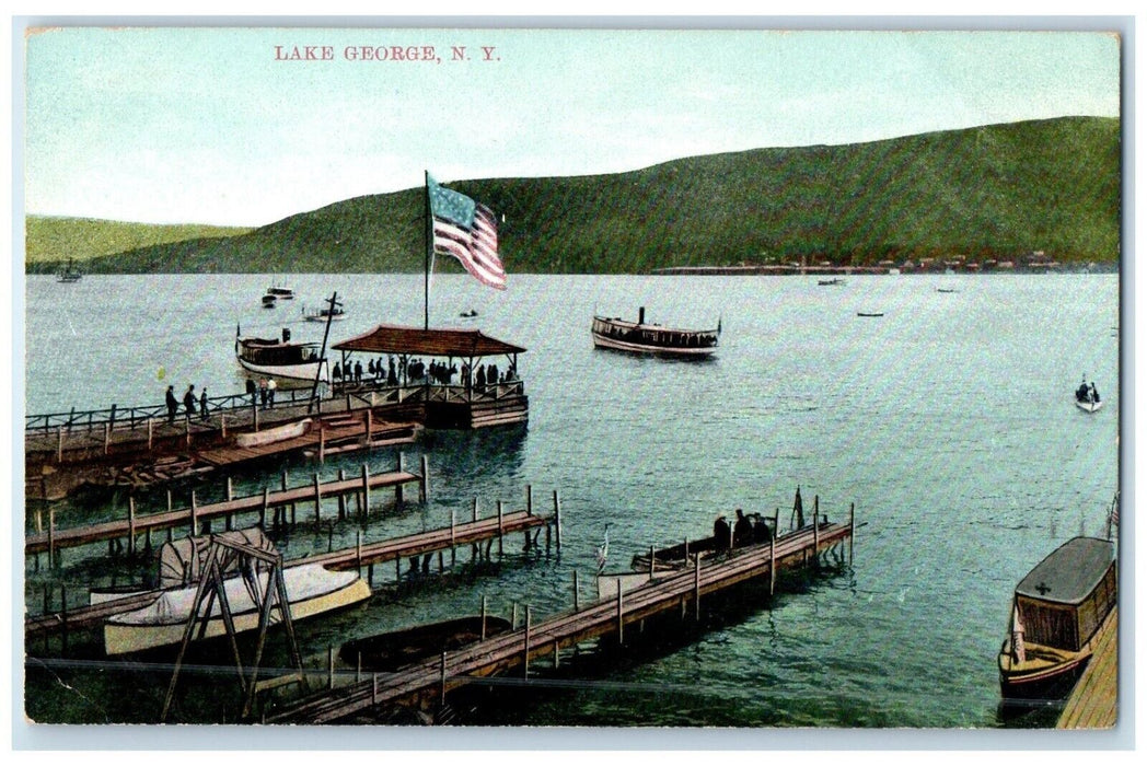 1909 View Of Lake George New York NY, Steamer Ship Flag Posted Antique Postcard