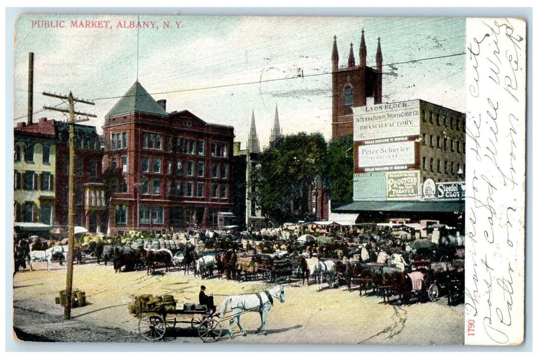 1908 Public Market Horse Carriage Exterior Building Albany New York NY Postcard