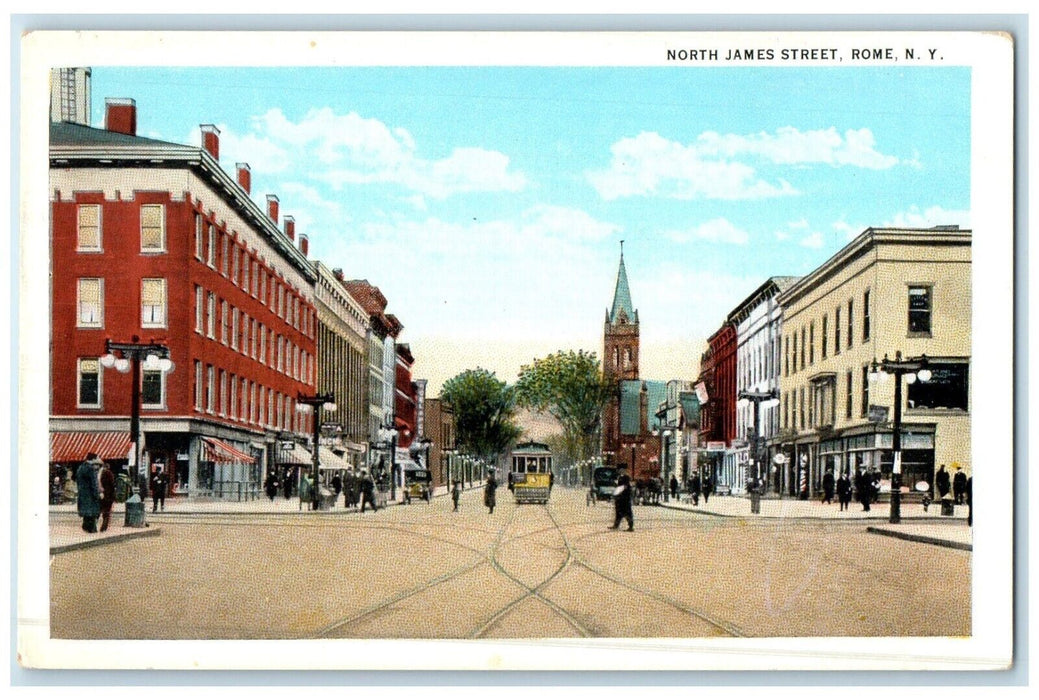 c1920 Busy Day North James Street Road Streetcar Rome New York Unposted Postcard