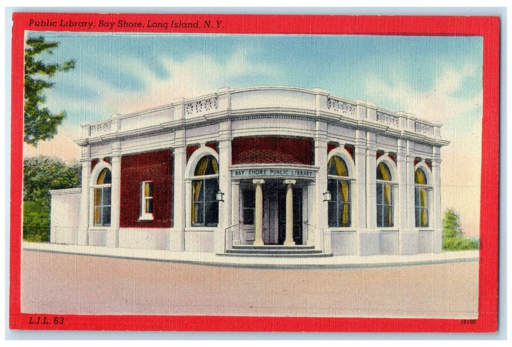 c1940 Public Library Bay Shore Exterior Building Long Island New York Postcard