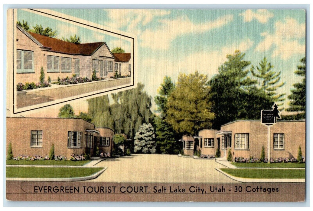 c1940 Evergreen Tourist Court Exterior Building Salt Lake City Utah UT Postcard