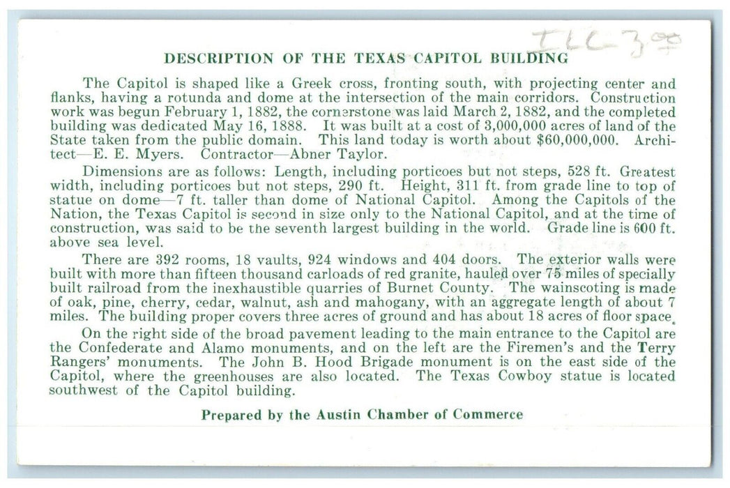 c1960 Description Texas Capitol Building Greek Cross Flank Dallas Texas Postcard