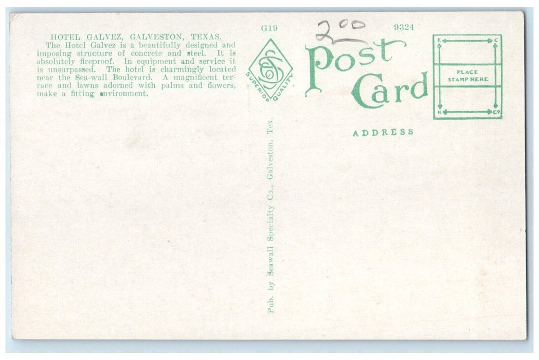 c1920 Hotel Galvez Hotel Sea-Wall Boulevard Galveston Texas TX Vintage Postcard